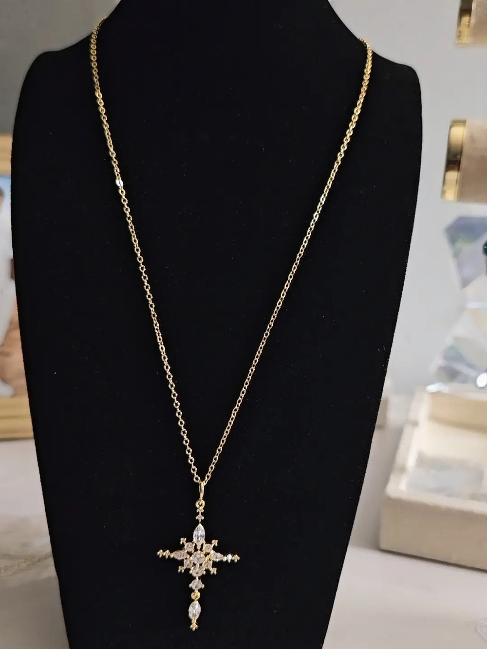 14K Gold Plated Cross Pendant Necklace with Clear Stones - Women Jewelry